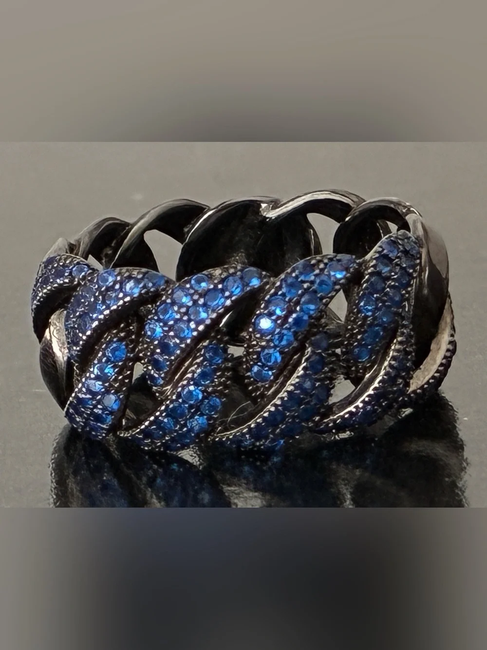 925 Sterling Silver Blue Pavé Chain Ring Sz 7- Statement/ Black Rhodium.